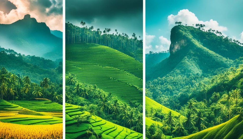Show the diversity of Sri Lanka's tourist seasons by depicting different landscapes and activities. Use contrasting colors and lighting to emphasize the differences between high and low seasons.